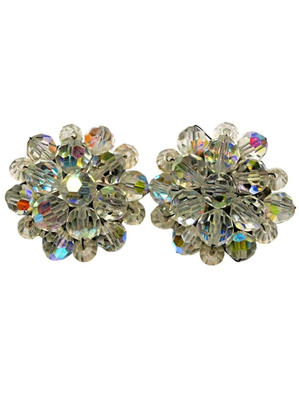 Mid‑Century Aurora Borealis Crystal Cluster Earrings - 1¼" Clip‑Ons